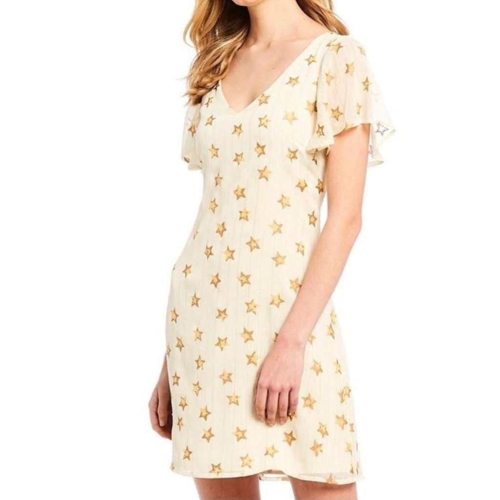 Jb By Julie Brown Ramona Dress Size 12 Star Print V-Neckline Flutter Sleeve New